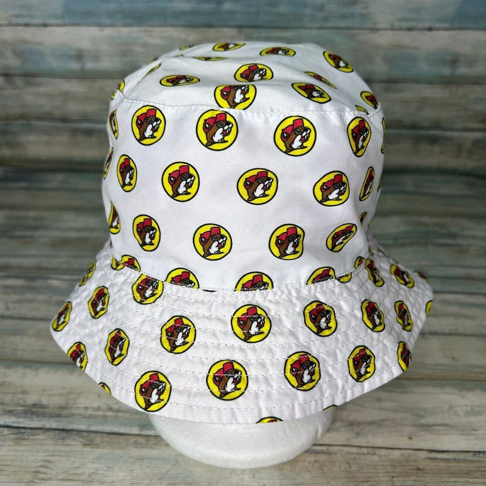 Buc-ees Bucket Hat Cap White Red Allover Print Beaver Logo Unisex Buc-ee's UPF50